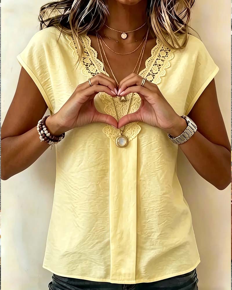 V-Neck Lace Patchwork Casual Blouse