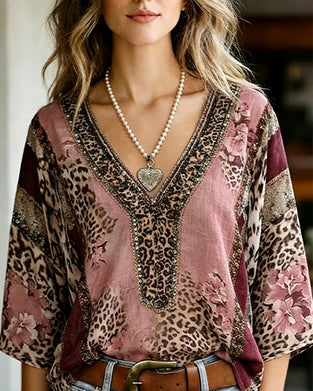 V-Neck Lantern Sleeve Leopard Blouse