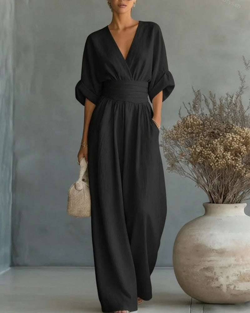 V-Neck Cross Waist-Cinching Wide Leg Jumpsuit