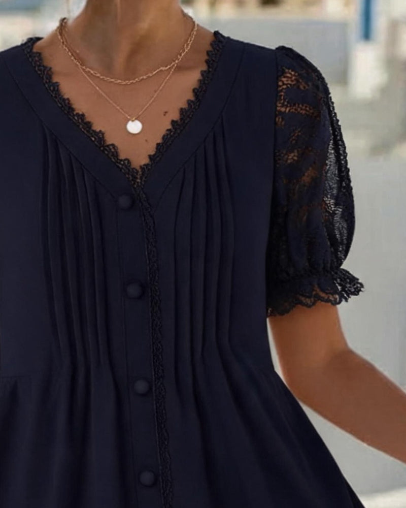 V-Neck Button Shirred Lace Patchwork Dress