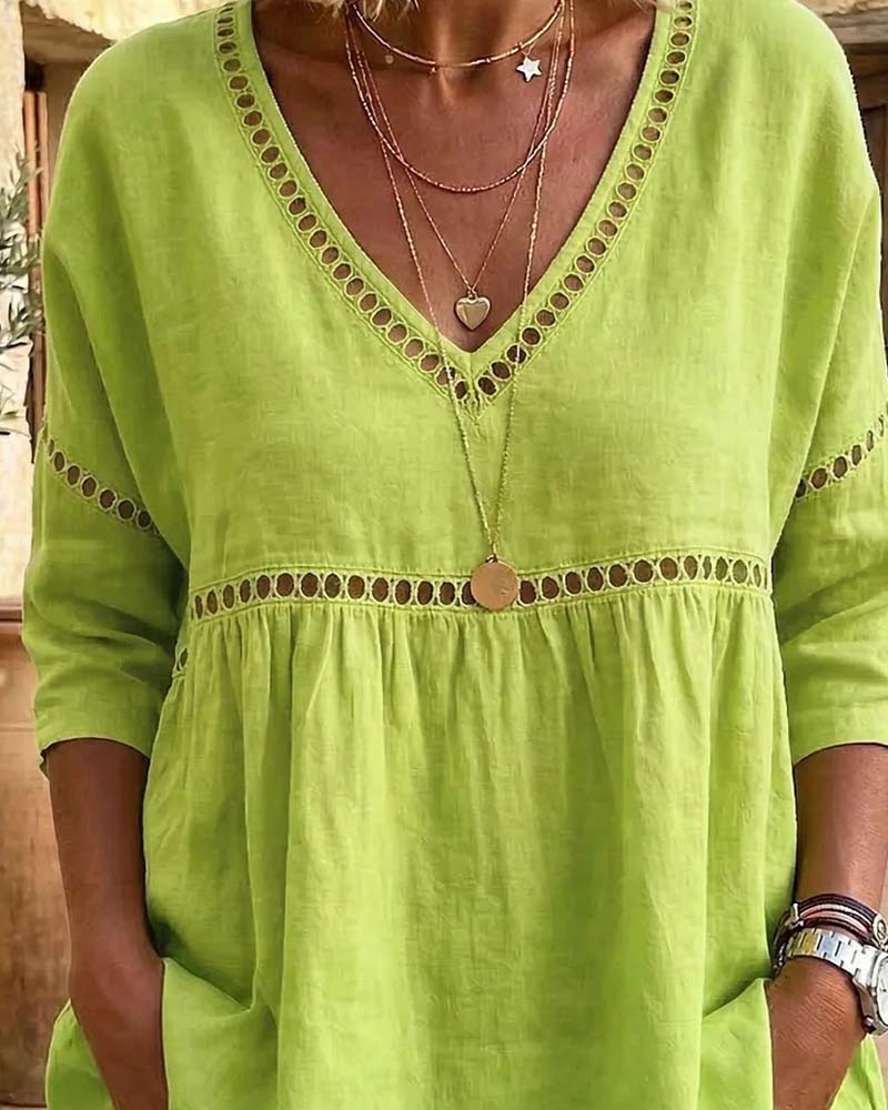 Hollow Out V-Neck Loose Fit Blouse
