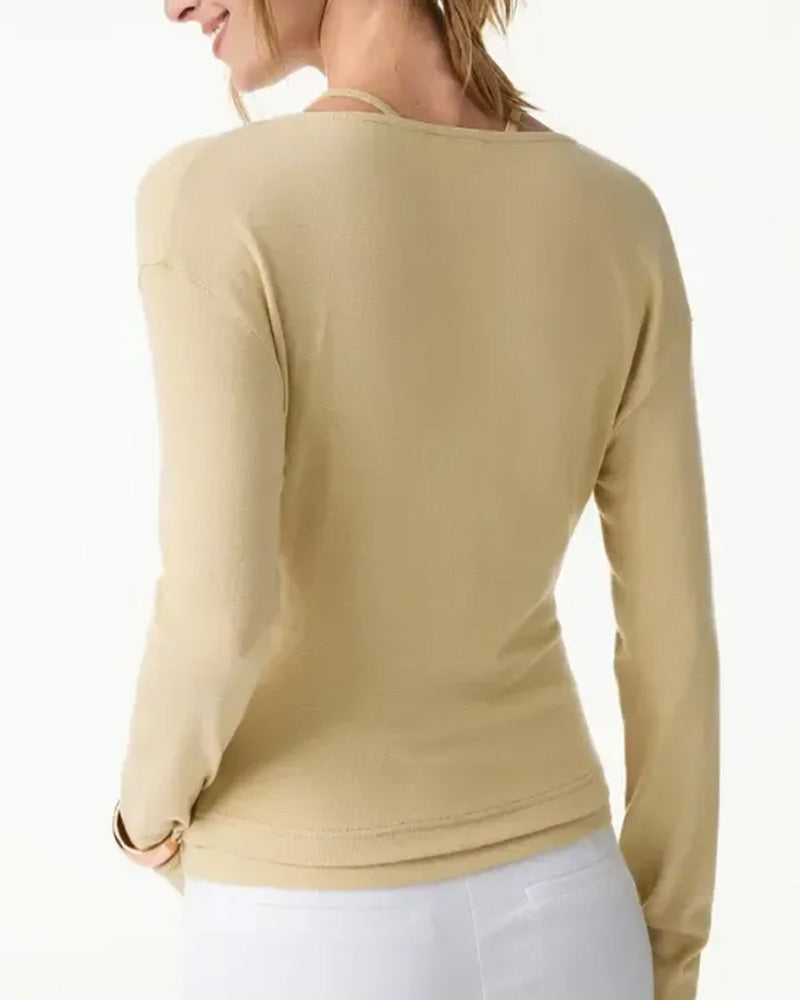 Halter Neck Cami Top Built In Bra Cross Long Sleeve Top Set
