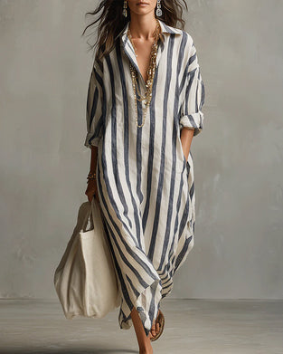 Lapel Collar Striped Dress