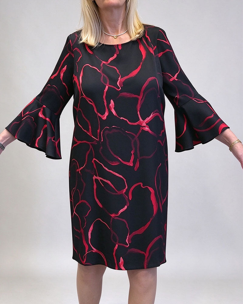 Contrast Color Round Neck And Bell Sleeves Dress