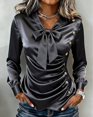 V-Neck Bow Shirred Button Blouse