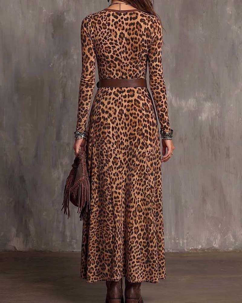 Leopard-Print V-Neck Dress With A Slit