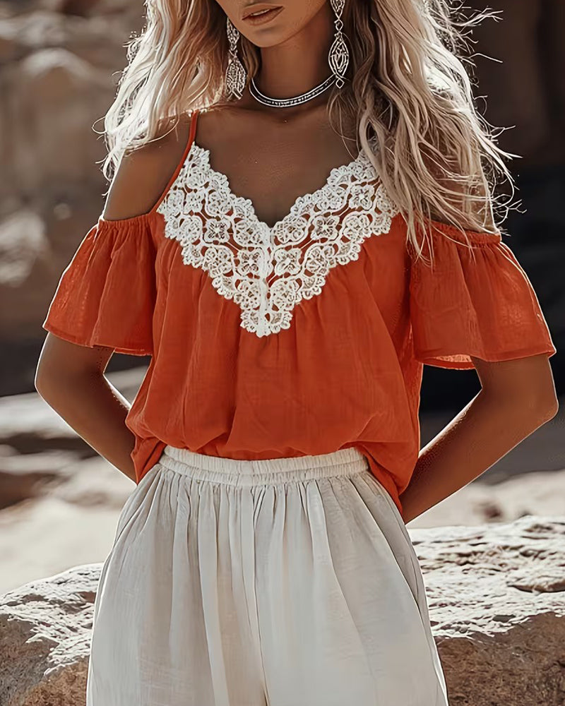 Lace Patchwork Off-Shoulder Blouse