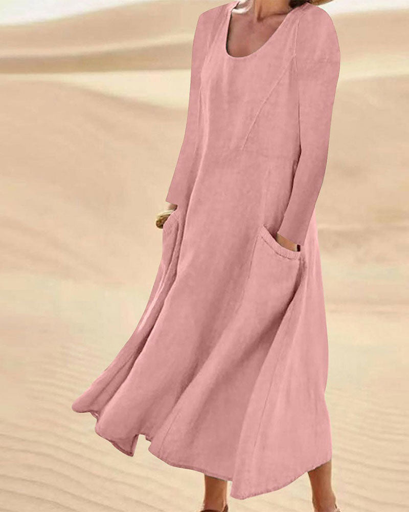 Solid Long Sleeve Crew Neck Dress
