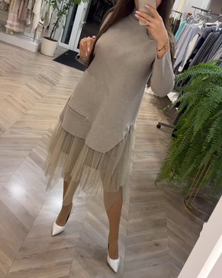 High collar mesh patchwork dress
