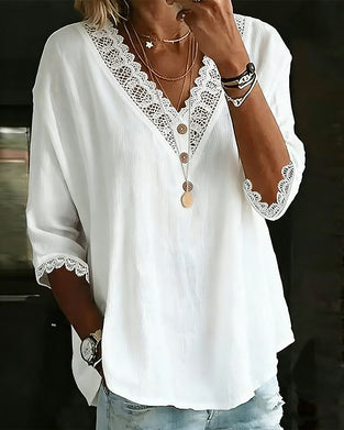 Lace V-Neck Three-Quarter Sleeve Blouse