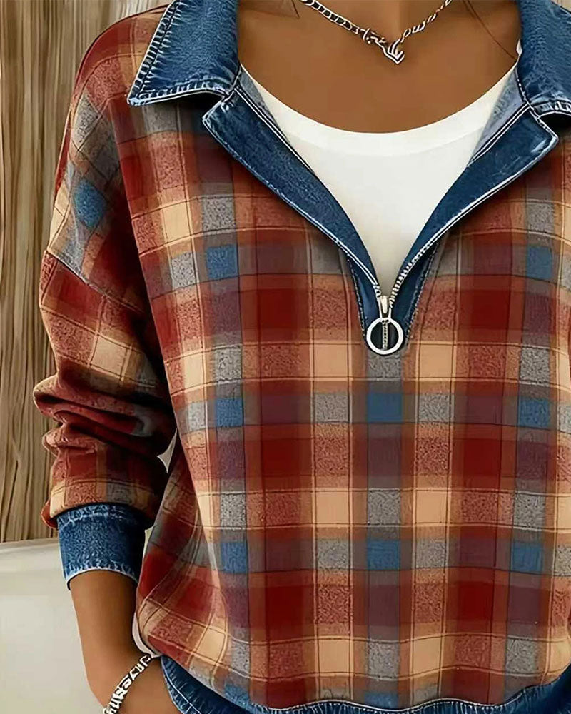 Denim Lapel Plaid Half-Zip Top