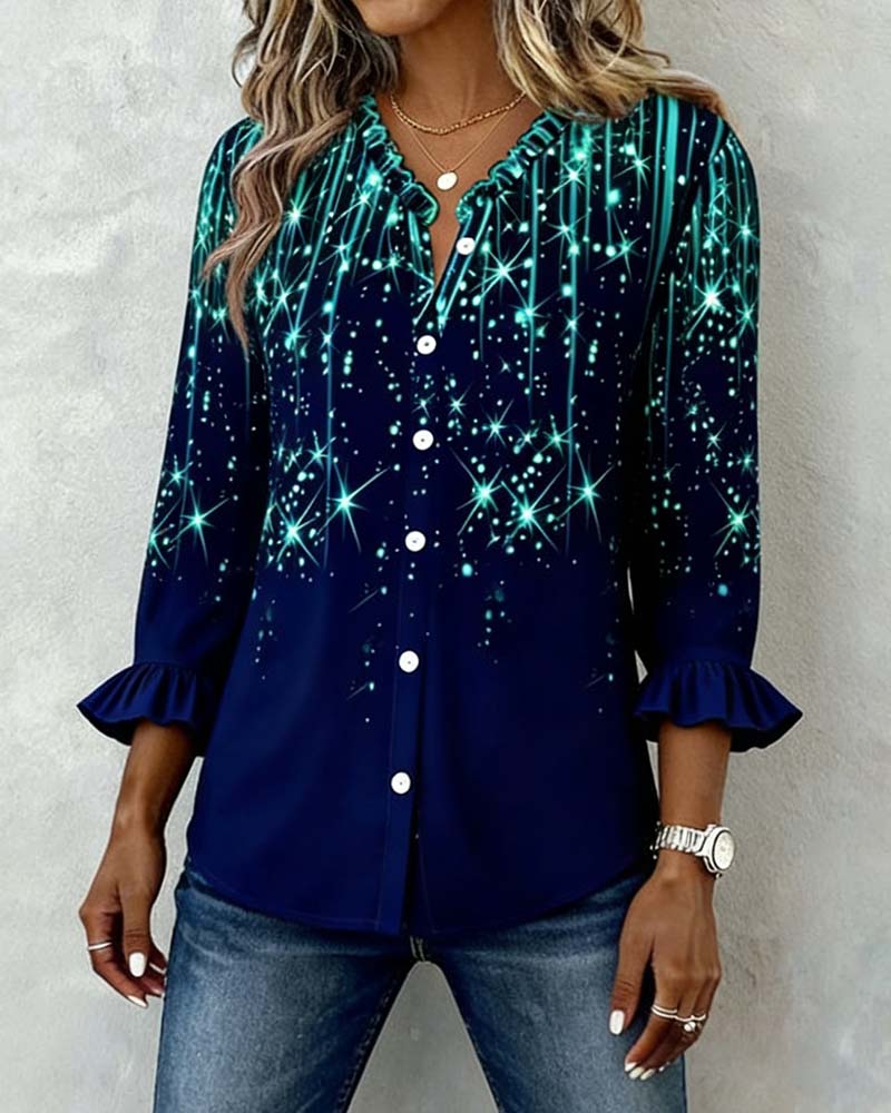 Flounce Trim Print Button-Up Shirt