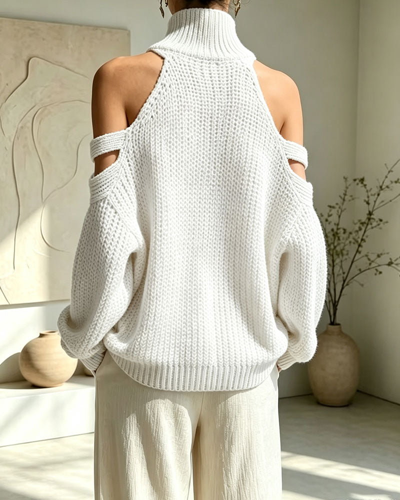 Turtleneck Hanging Neck Shoulder-Cutout Pullover