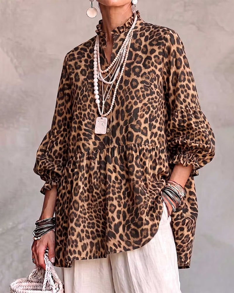 Leopard Print Frill Trim Button Top