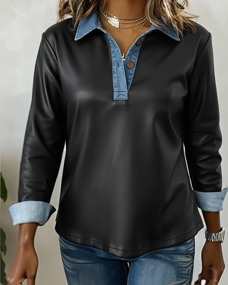 Casual Collared Leather Patchwork Top