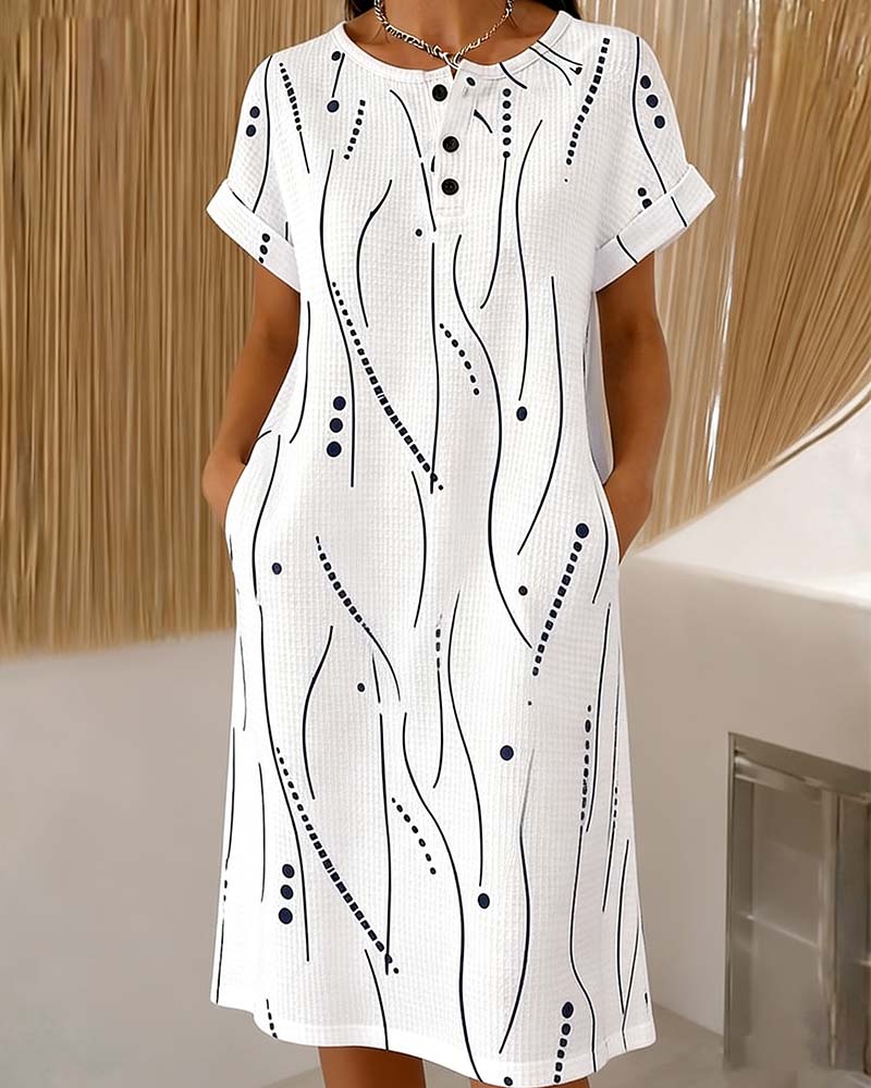 Crew Neck Button Line Waffle Dress