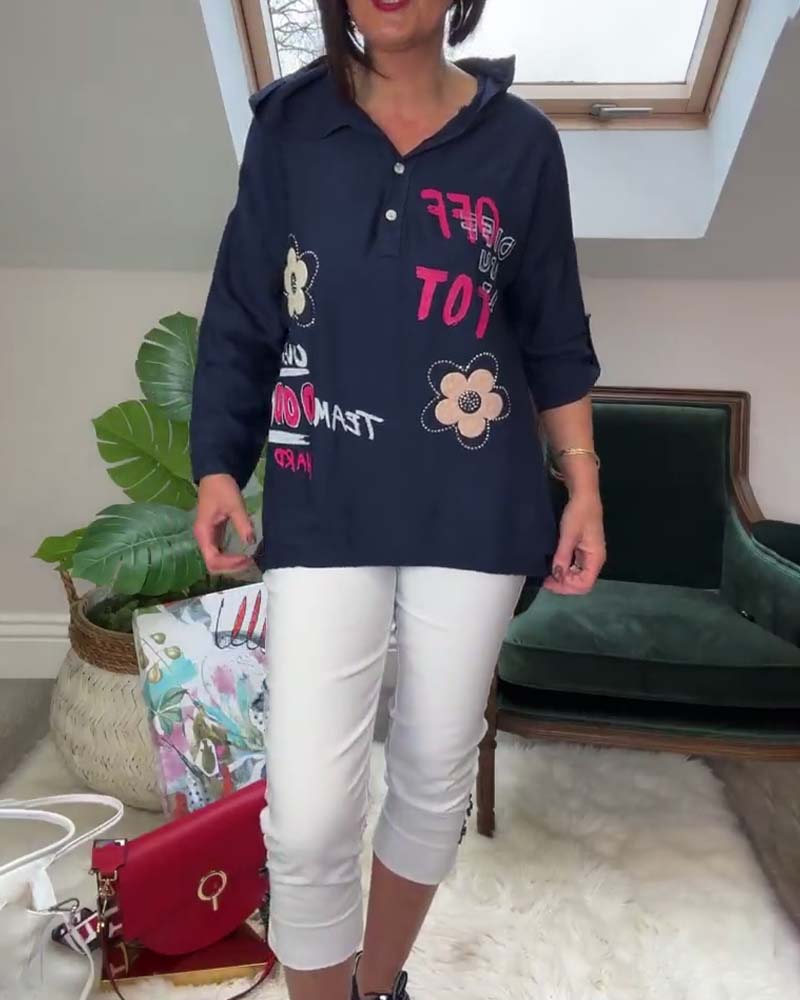 Casual floral lettering embroidered long-sleeve hooded top