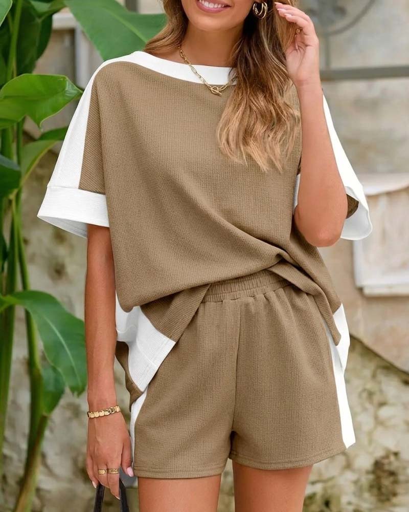 Color Block Short Sleeve Shorts Casual Set