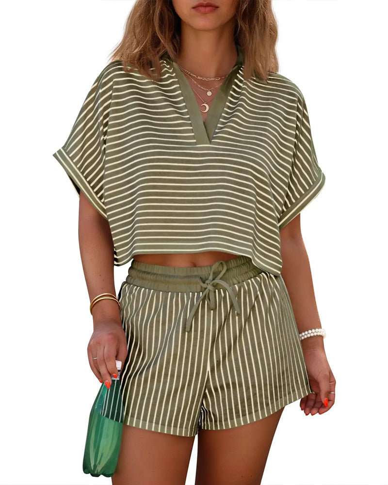 Striped Short V-Neck Set