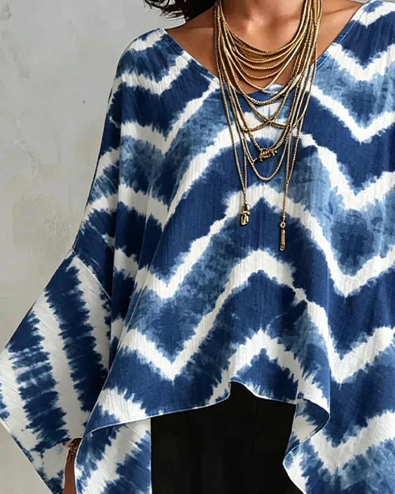 V-Neck Colorblock Patchwork Batwing Blouses