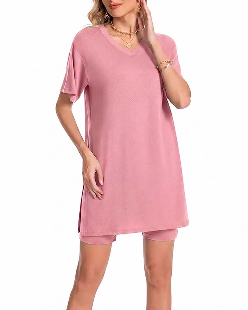 V-Neck Side Split Short Sleeve Set