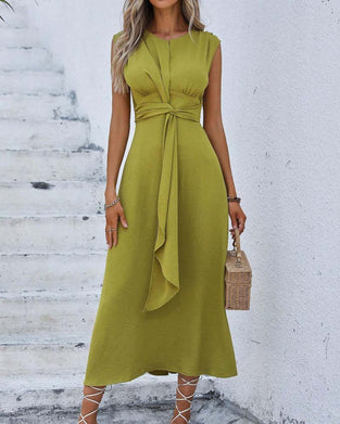 Solid Color Cinched Waist Tie Dress