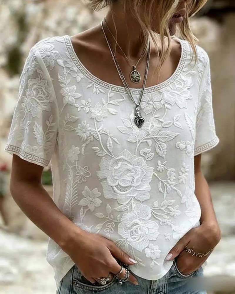 Crew Neck Embroidered Lace Patchwork Blouse