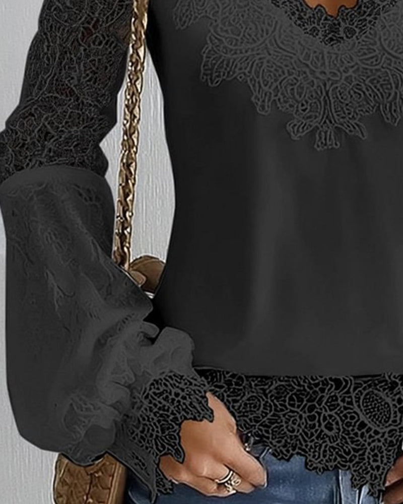 Patchwork Long-Sleeved V-Neck Top