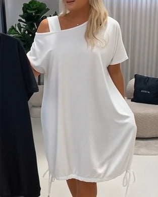 Solid Color Off-Shoulder Drawstring Casual Dress
