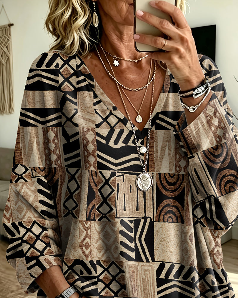 V-Neck Three-Quarter Sleeve Print Loose Top