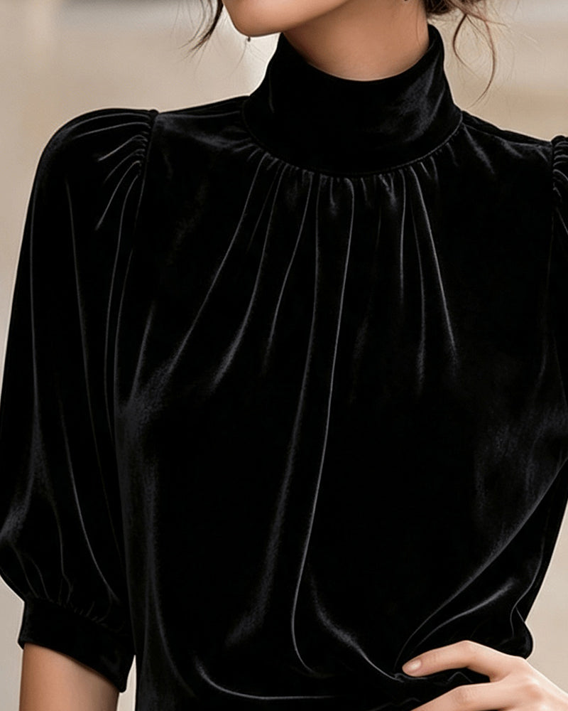 Stand Collar Shirred Puff Sleeve Top