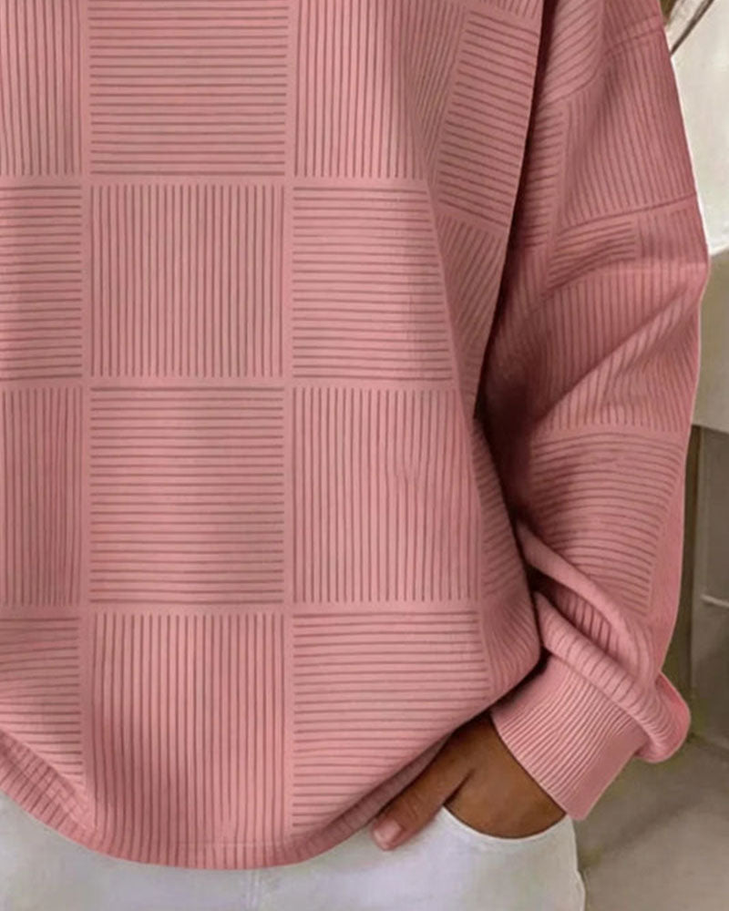 Grid Texture Long Sleeve Solid Pullover Sweatshirt
