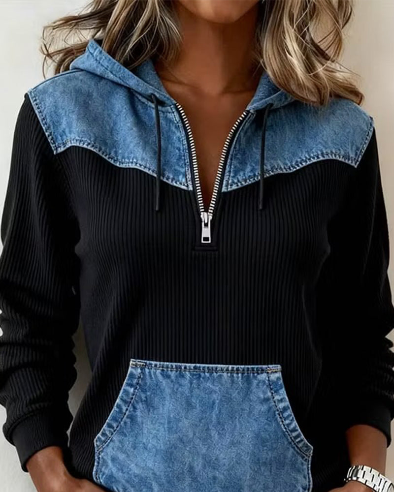 Zipper Denim Patchwork Hoodie