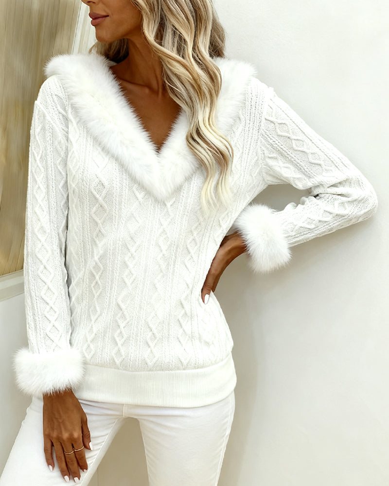 Plush V-Neck Spliced Long-Sleeved Top