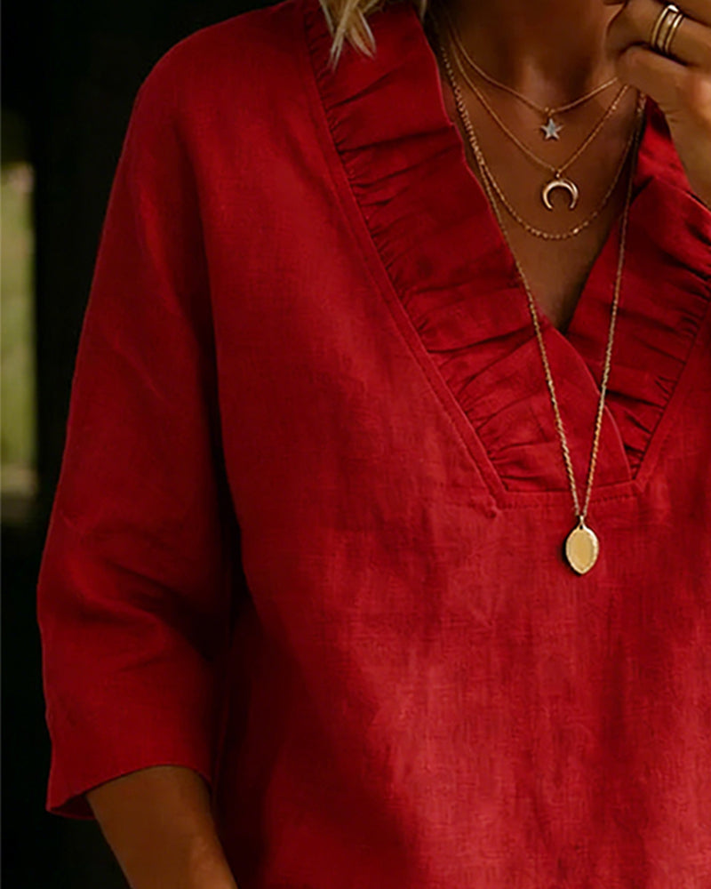 100% Cotton Ruffle V-Neck Three-Quarter Sleeve Blouse