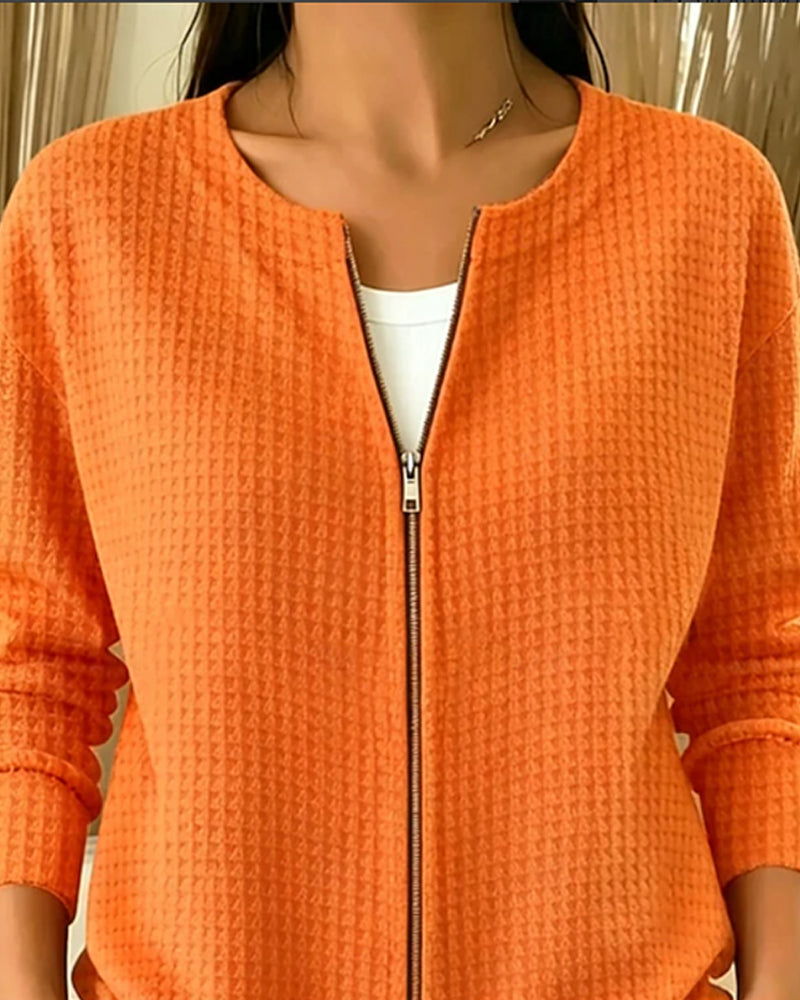 Waffle Zipper Long Sleeve Coat