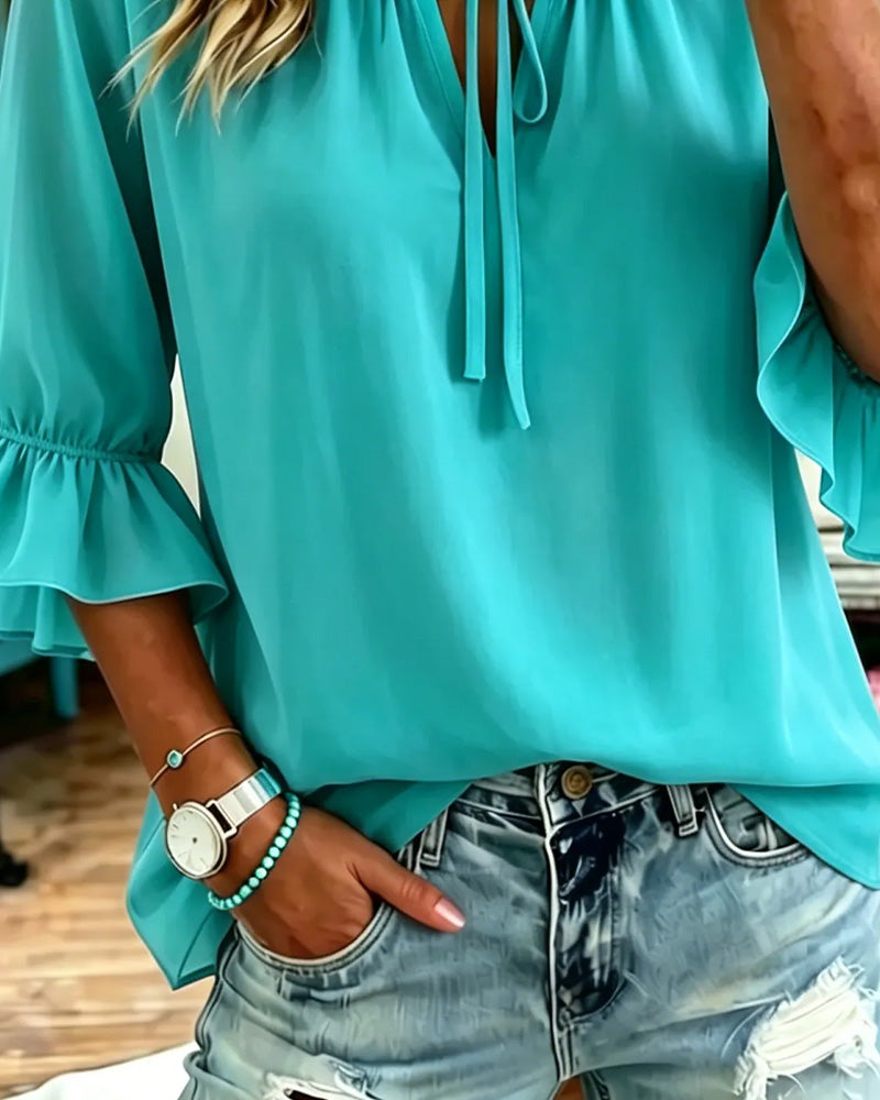 Solid Color Ruffled Sleeve Lace-Up Blouse