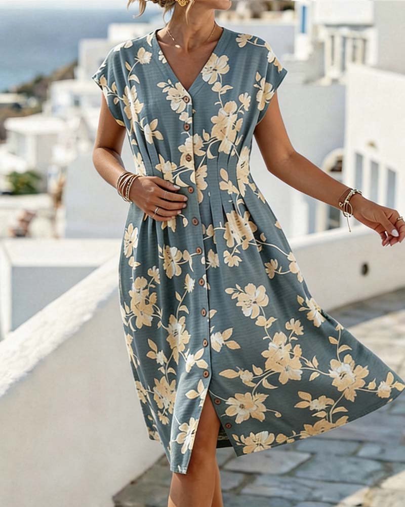V-Neck Print Cinched Waist Button-Front Dress