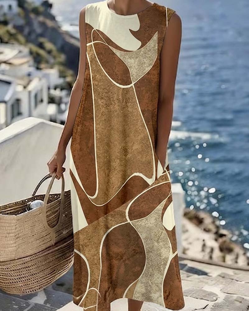 Round Neck Sleeveless Contrast Color Dress