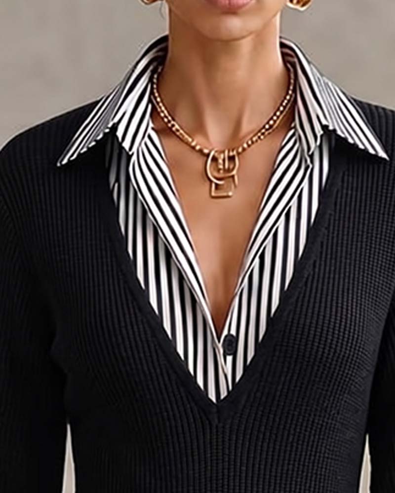 Lapel Stripe Long Sleeve Dress