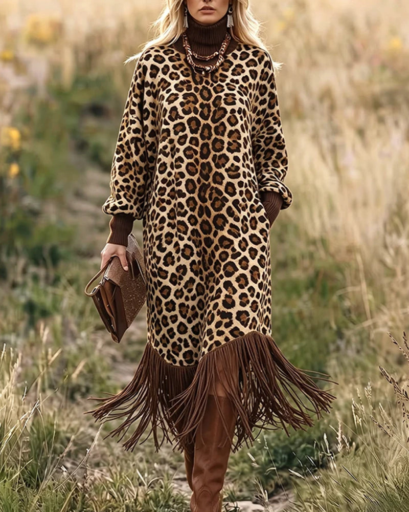 Leopard Print Fringed Lantern Sleeve Dress