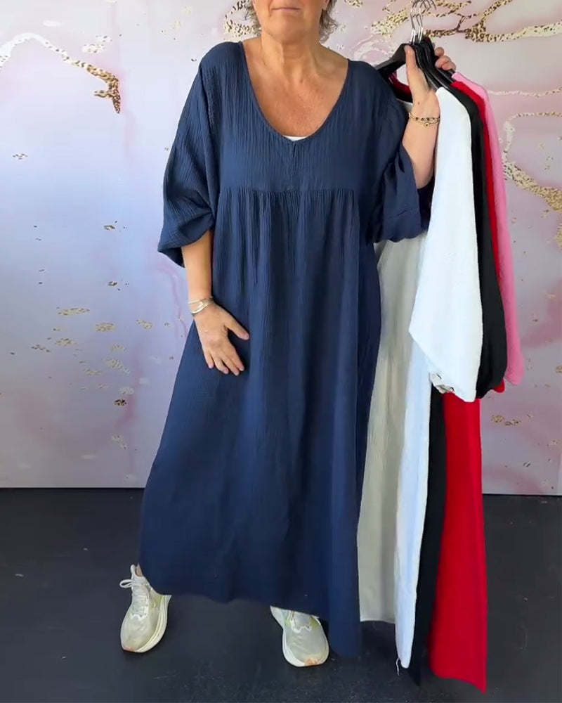 Forest Style V-Neck Pleated Solid Color Dress