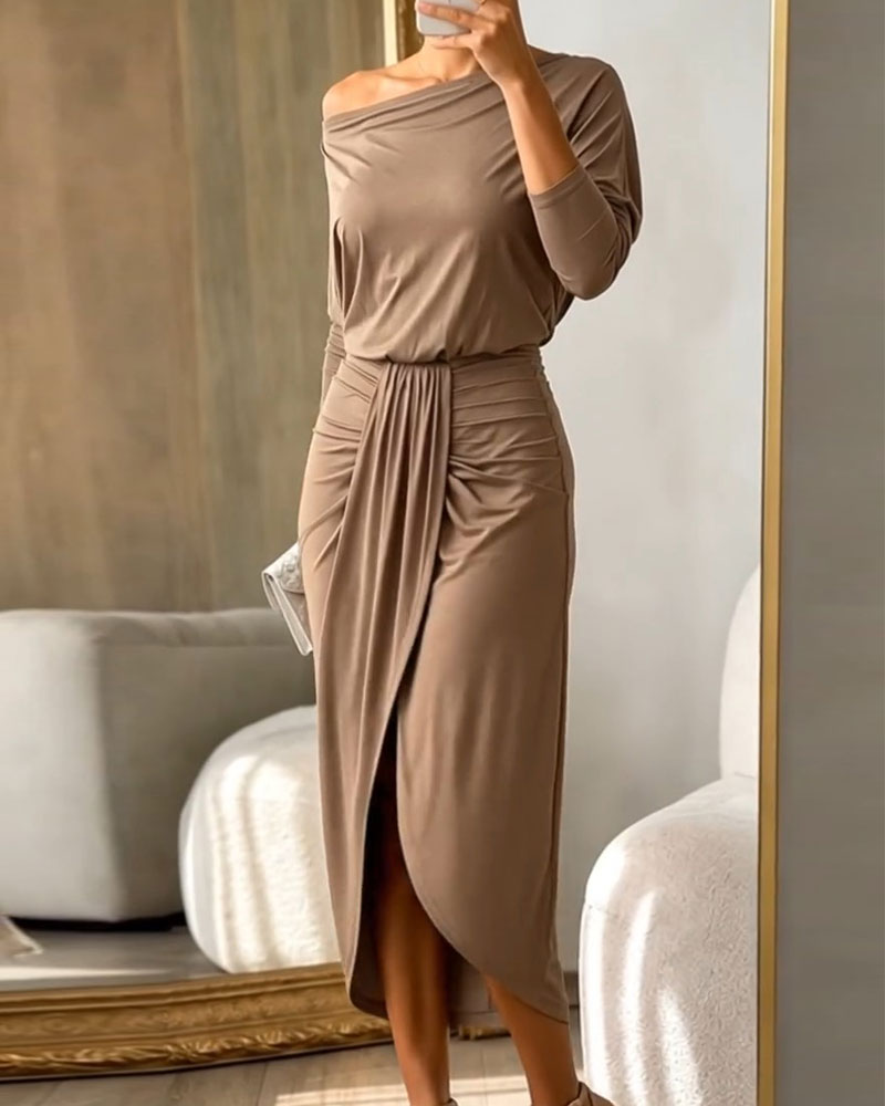 One-Shoulder Batwing Sleeve High Waist Slit Dress