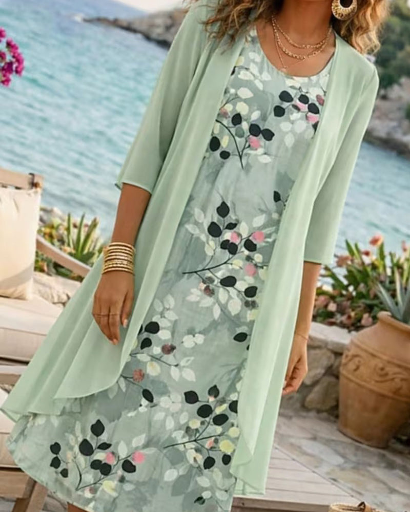 Ink Green Leaf Sleeveless Dress Cover Up Set