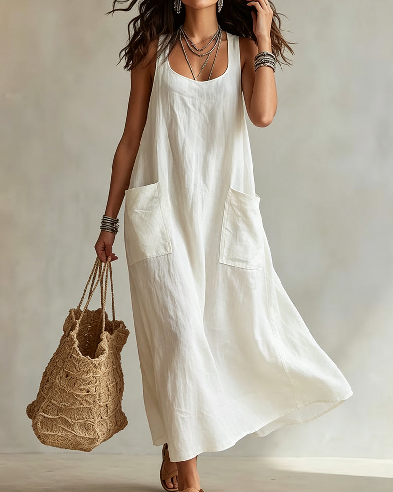 U-Neck Sleeveless Solid Pocket Dress