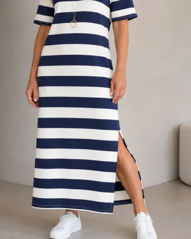 Striped Short Sleeve Slit Long T-Shirt Dress