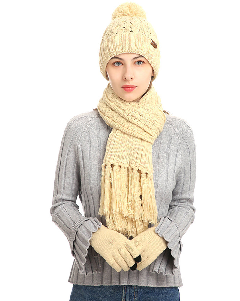 Hat Knitted Wool Three-Piece Set