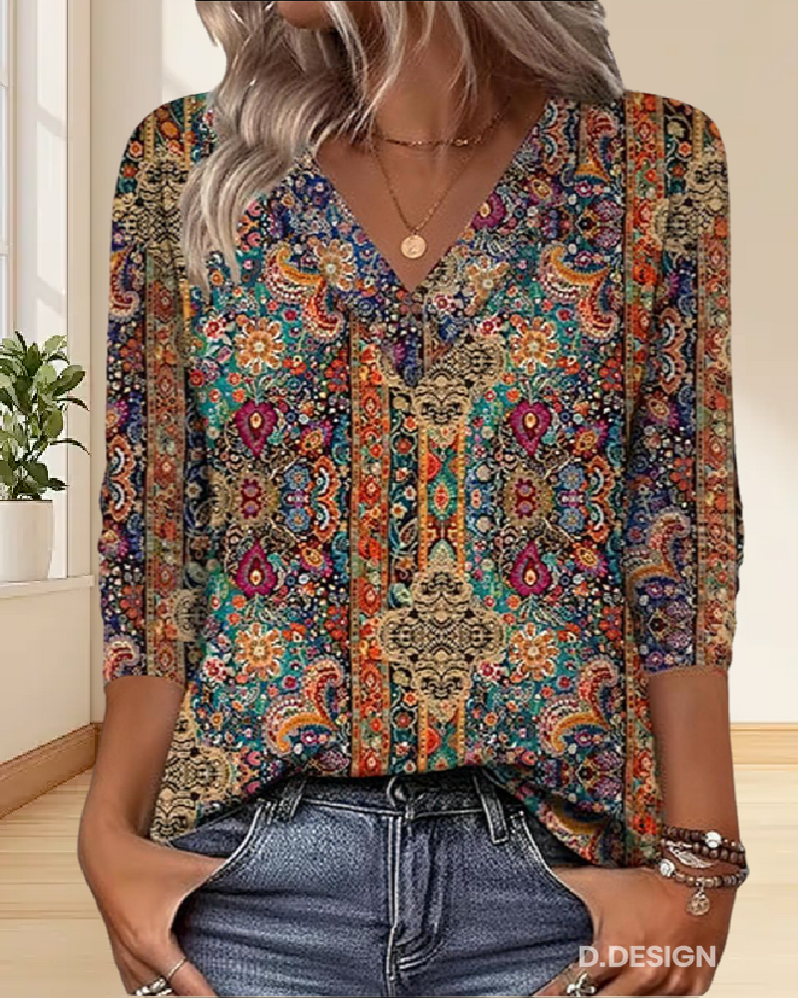 Retro Printed V Neck Blouse