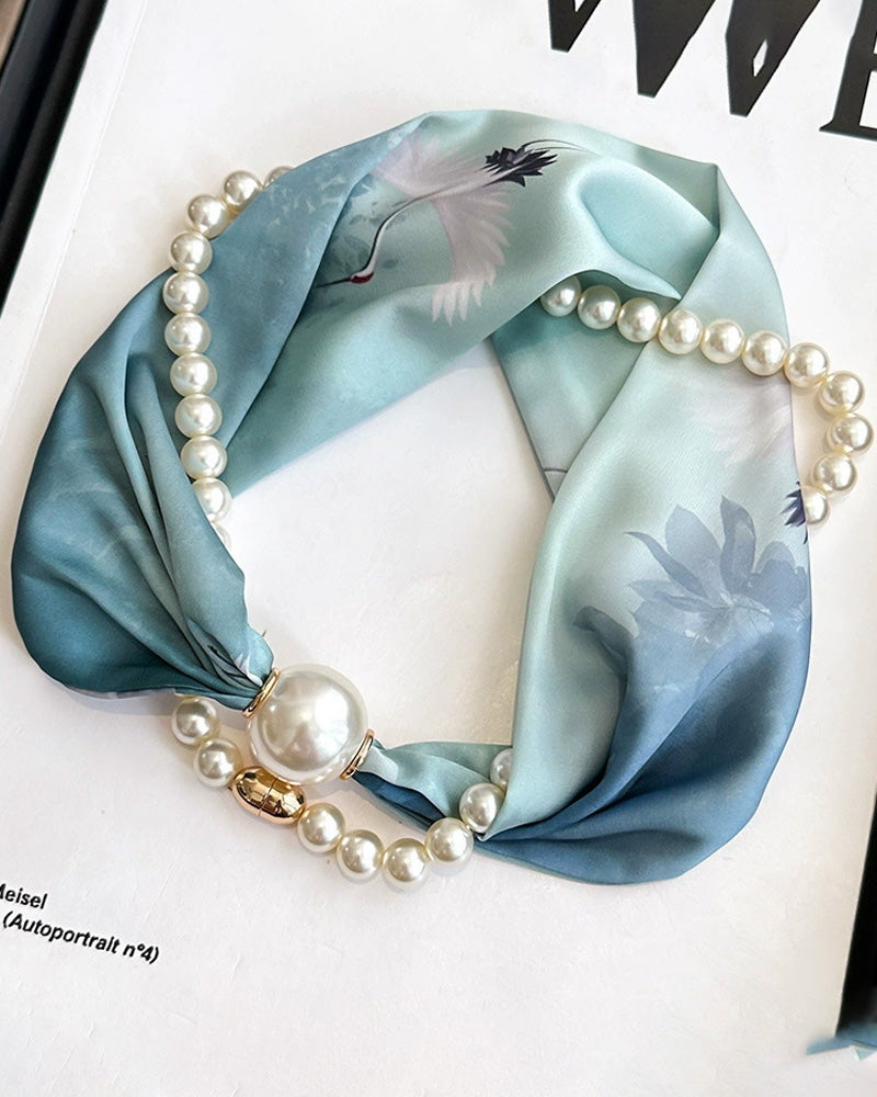 Long Pearl-Embellished Silk Necklace