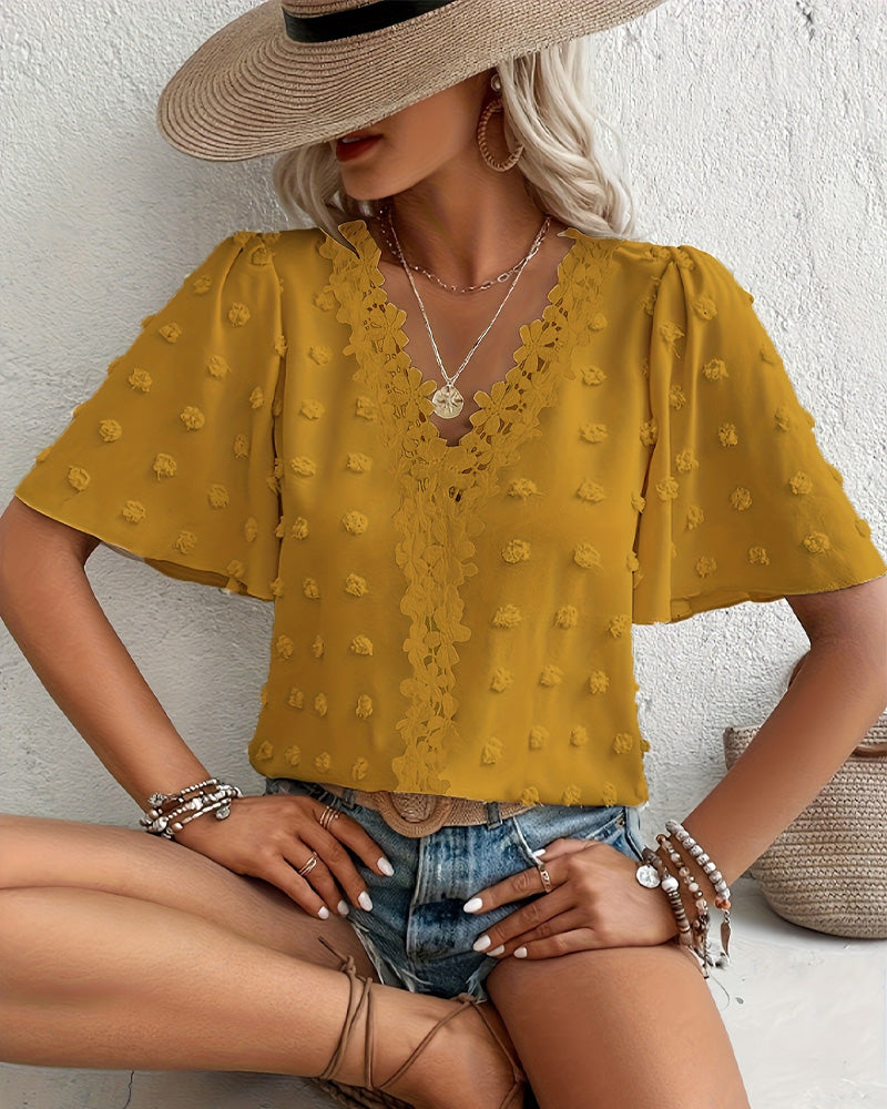 Spliced Jacquard Ruffle Sleeve Blouse